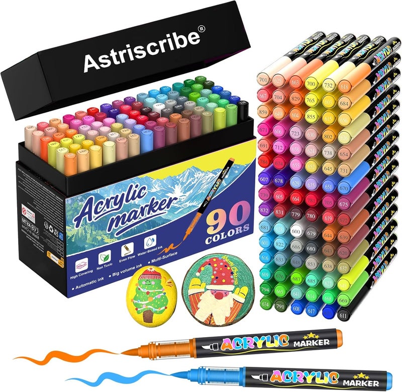 Astriscribe مجموعة أقلام الطلاء الأكريليكي 90 لون –Markers طلاء مائية مع طرف فرشاة (1–5 مم)، سريعة الجفاف وغير سامة، تحكم تلقائي في الحبر للصخور، الخشب، الزجاج، المعدن، والقماش - Image 1
